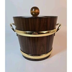 Vintage Kraftware Wood & Metal Barrel Style Ice Bucket 8"